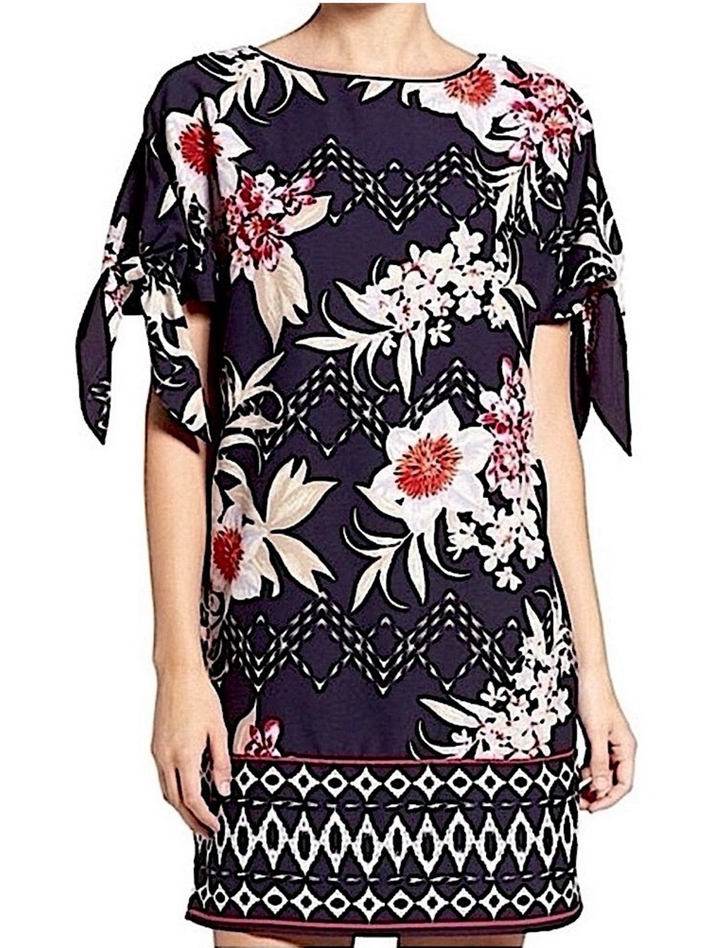 Vince Camuto Navy Floral Crepe Tie Bow Sleeves Shift Border Print Dress Size…